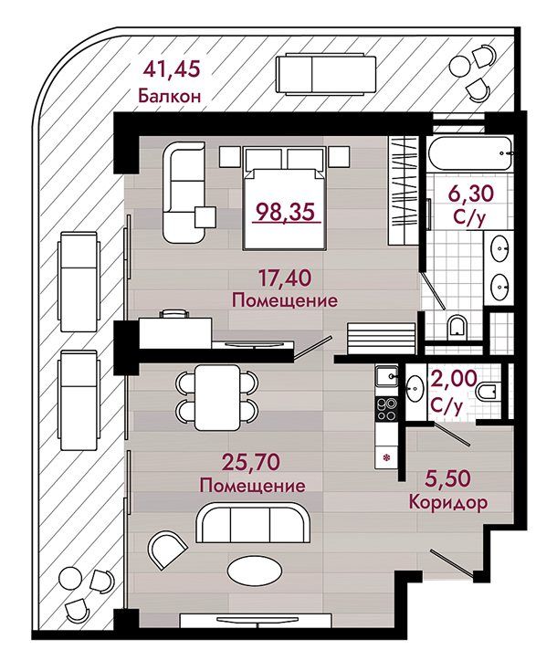 Схема люкса: спальня 17,4 м², гостиная с кухней 25,7 м², два санузла, коридор и угловой балкон 41,45 м²
