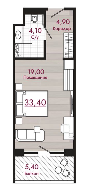Схема номера Superior: комната 19 м², коридор, санузел и балкон