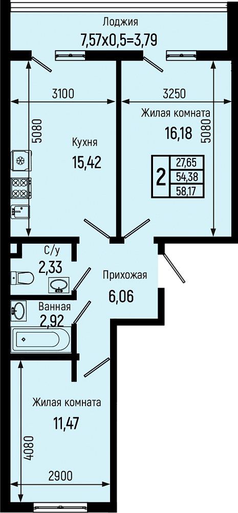 Схема двухкомнатной квартиры: комнаты 16,18 и 11,47 м², кухня 15,42 м², ванная, санузел и лоджия