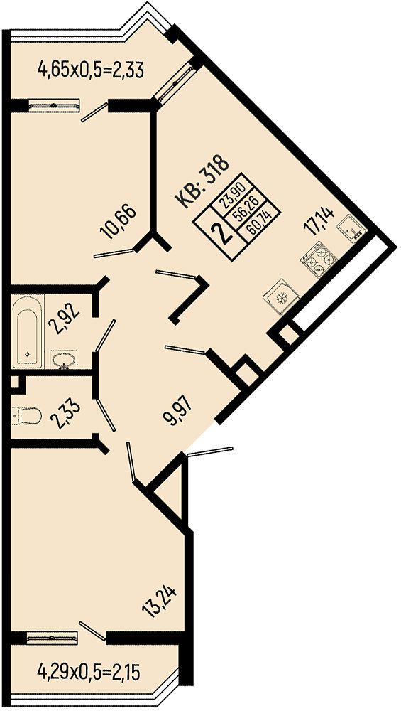 Схема двухкомнатной квартиры сложной формы: комнаты 10,66 и 13,24 м², кухня 17,14 м², два санузла и две лоджии