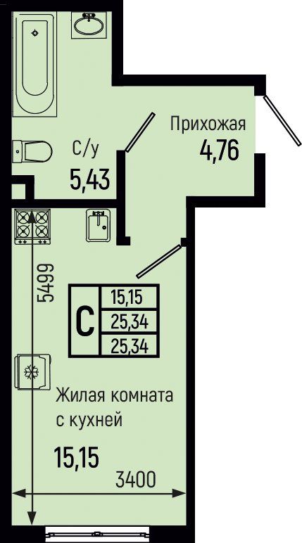 Схема студии: комната с кухонной зоной 15,15 м², прихожая и санузел с ванной