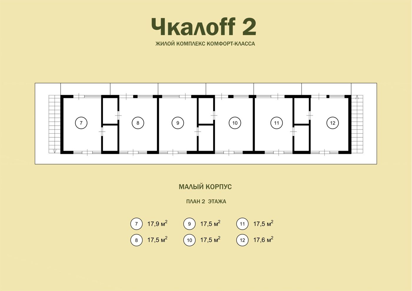 Схема второго этажа малого корпуса Чкалофф-2: шесть номеров площадью от 17,5 до 17,9 квадратного метра в один ряд, лестницы по торцам корпуса