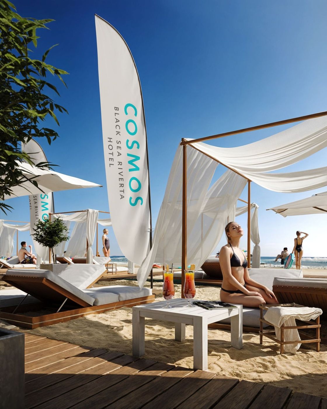 Визуализация: пляж с белыми шатрами, лежаками и флагом Cosmos, в тени шатра отдыхают гости