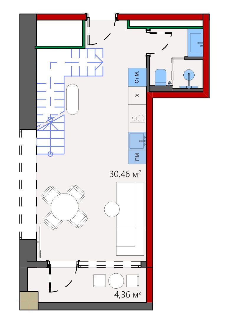 Схема нижнего уровня: гостиная с обеденной зоной 30,46 м², кухня вдоль стены, санузел, лестница наверх и терраса 4,36 м²