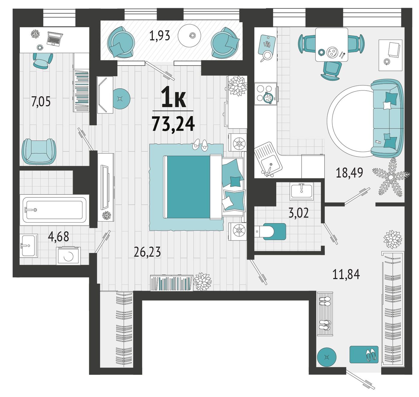Схема квартиры 73,24 м²: спальня 26,23 м², кухня-гостиная 18,49 м², кабинет 7,05 м², прихожая 11,84 м², ванная, туалет и балкон