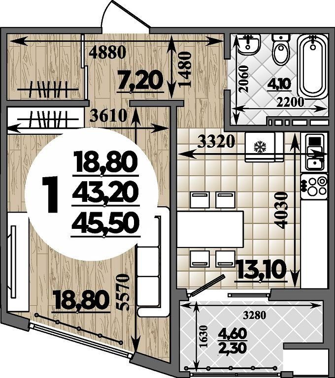 Схема однокомнатной квартиры: комната 18,8 м², кухня 13,1 м², прихожая, санузел с ванной и лоджия
