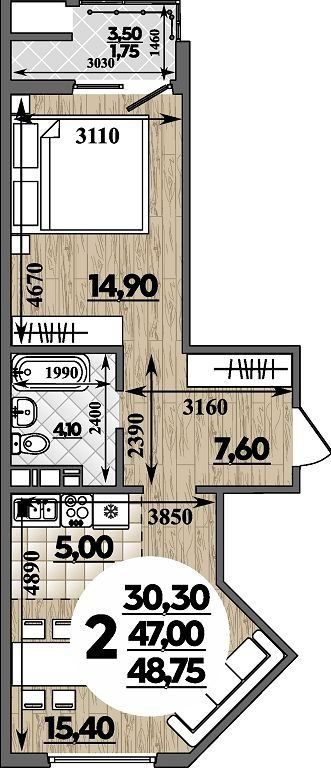 Схема двухкомнатной квартиры: комнаты 14,9 и 15,4 м², кухонная зона 5 м², прихожая, санузел и балкон