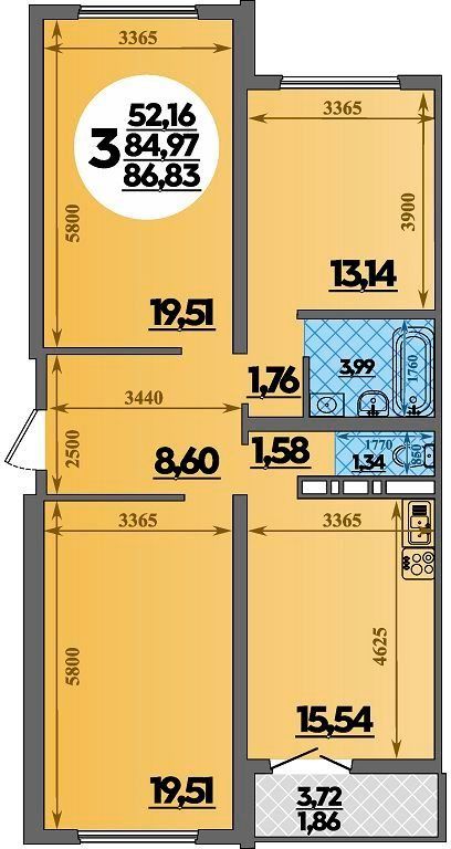 Схема трёхкомнатной квартиры 86,83 квадратного метра: три комнаты, кухня, прихожая, ванная, отдельный туалет и балкон