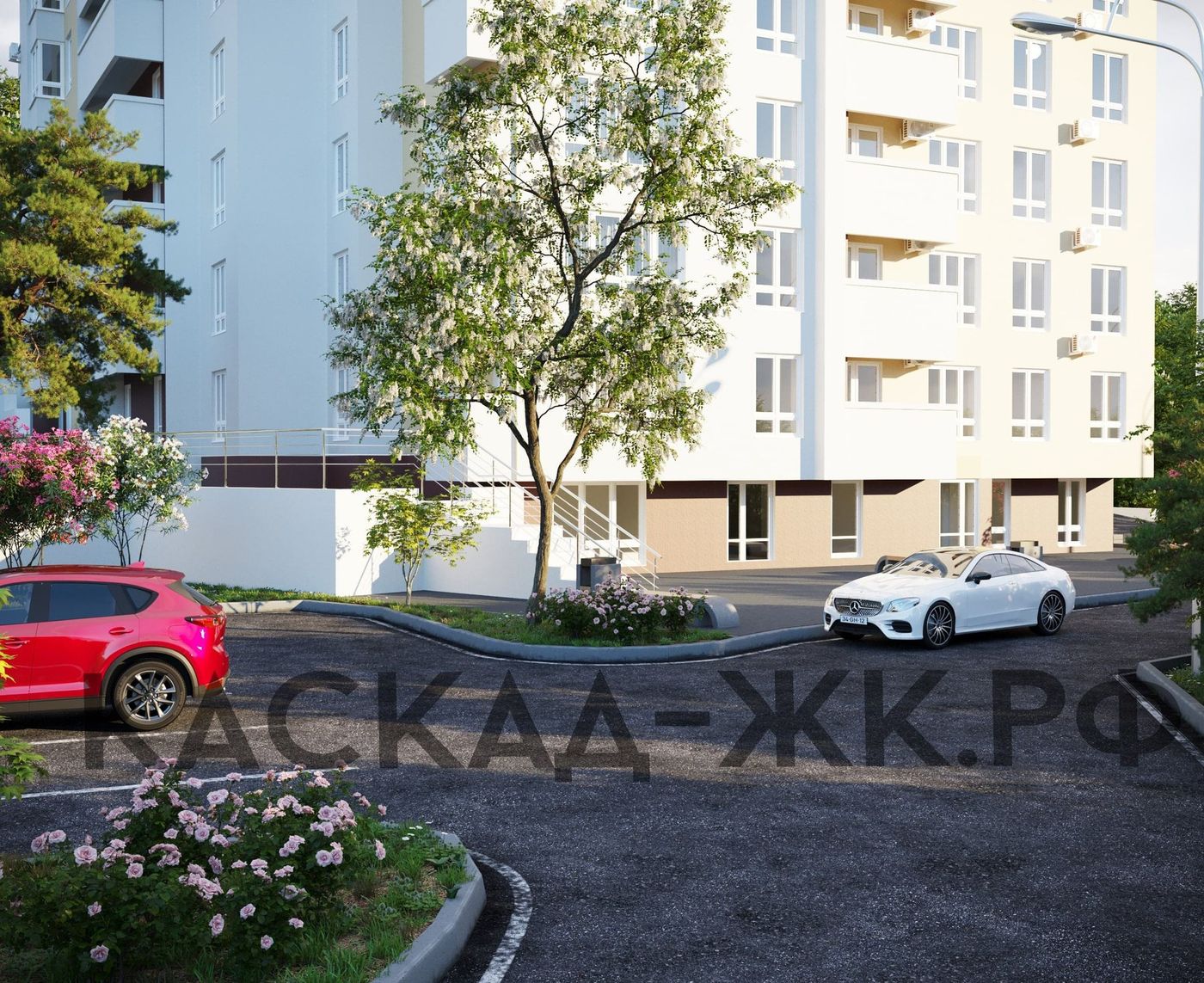 Визуализация: светлый дом, перед ним дерево, клумбы с розами и машины на площадке у въезда
