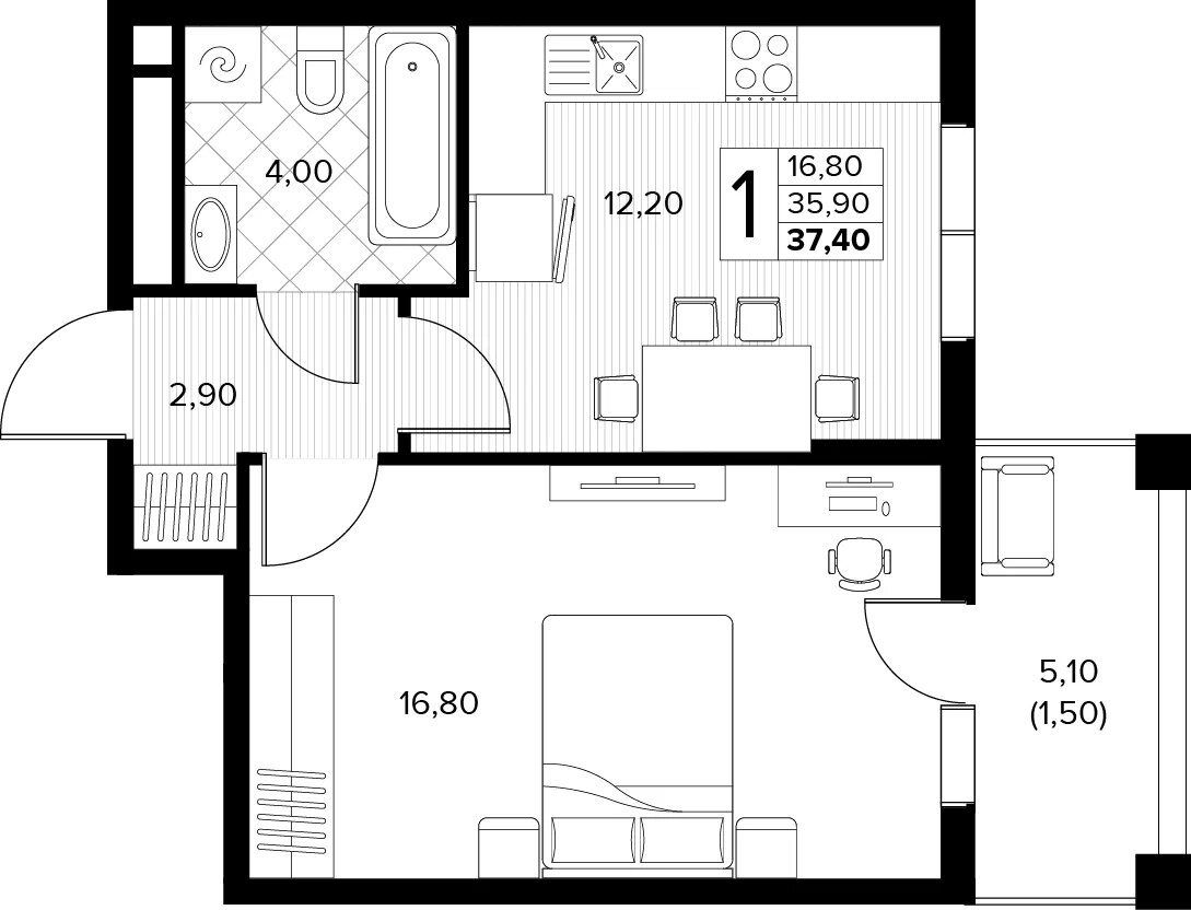Схема однокомнатной квартиры 37,4 квадратного метра: кухня 12,2 м², комната 16,8 м², прихожая, санузел и балкон