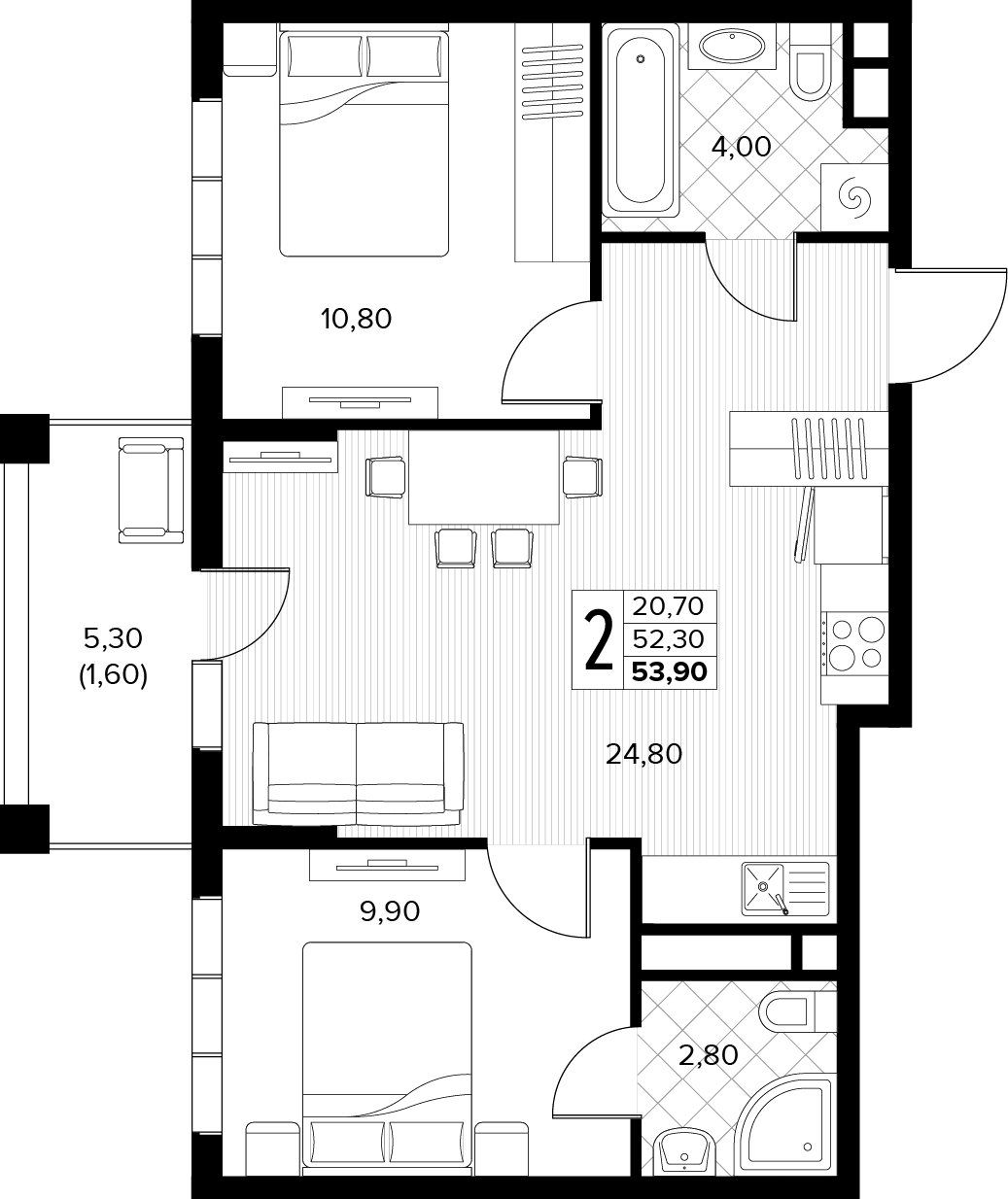 Схема двухкомнатной квартиры 53,9 квадратного метра: кухня-гостиная 24,8 м², две спальни, два санузла и балкон