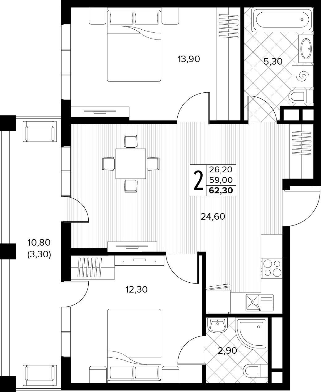Схема двухкомнатной квартиры 62,3 квадратного метра: кухня-гостиная 24,6 м², две спальни, два санузла и длинный балкон