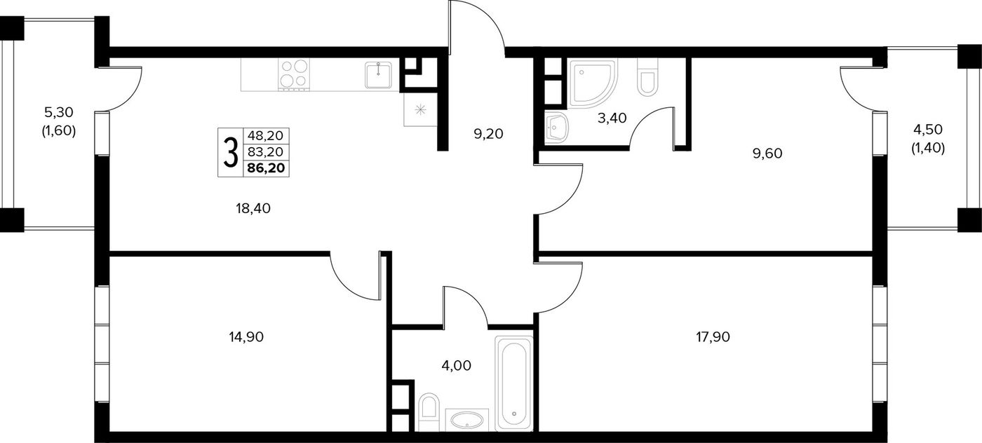 Схема трёхкомнатной квартиры 86,2 квадратного метра: кухня-гостиная, три комнаты, два санузла и два балкона