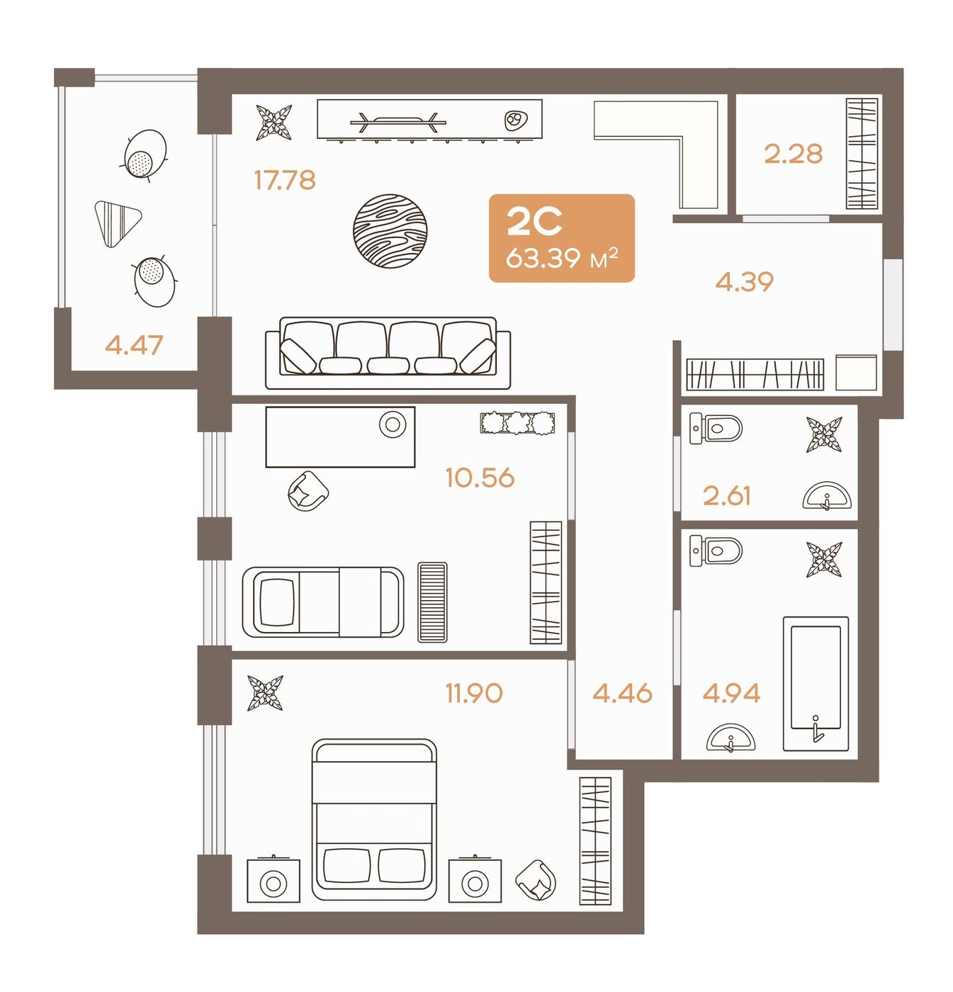 Схема номера 2C: гостиная 17,78 м² с балконом, две спальни, два санузла и гардеробная