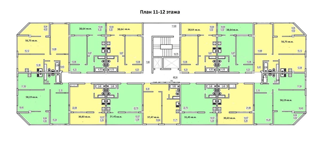 План 11–12 этажей: 13 квартир, площади от 30,63 до 58,19 м², угловые квартиры с балконами