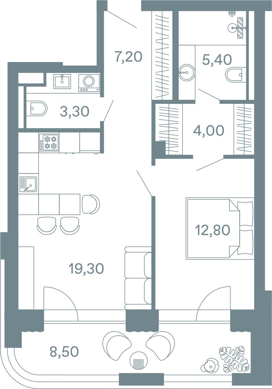 Схема резиденции с одной спальней: прихожая 7,2 м², кухня-гостиная 19,3 м², спальня 12,8 м², два санузла, гардеробная и балкон 8,5 м²