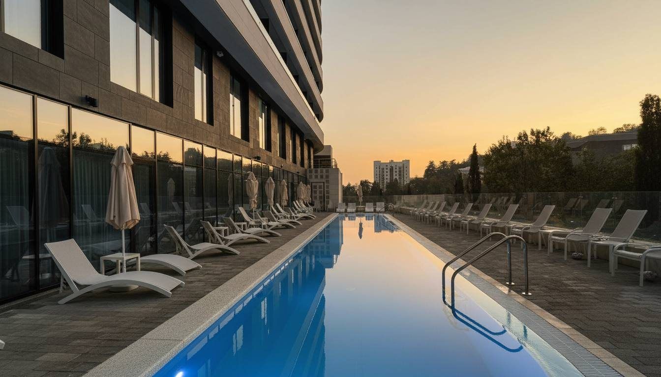 Открытый бассейн отеля Hotels & Spa на закате, вдоль воды — ряды лежаков