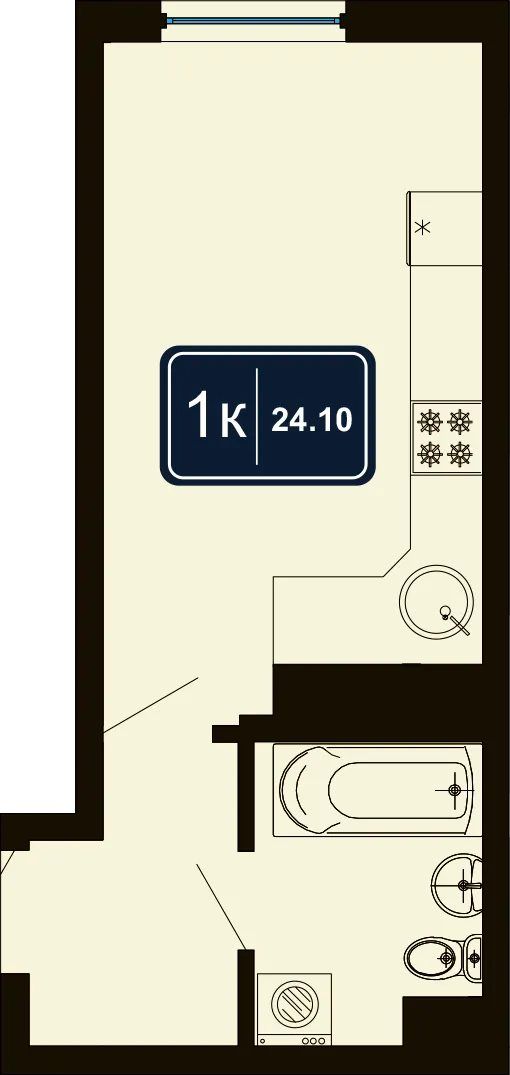 Схема однокомнатного номера Hotels & Resort площадью 24,1 квадратного метра: комната с кухонной зоной и санузел