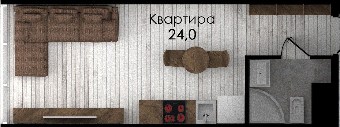 Схема студии: одна комната с диваном и столом, кухня вдоль стены и санузел у входа