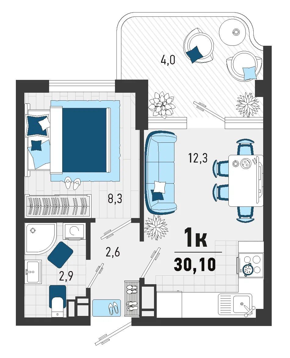 Схема квартиры 30,1 м²: спальня 8,3 м², кухня-гостиная 12,3 м², прихожая, санузел и лоджия 4 м²