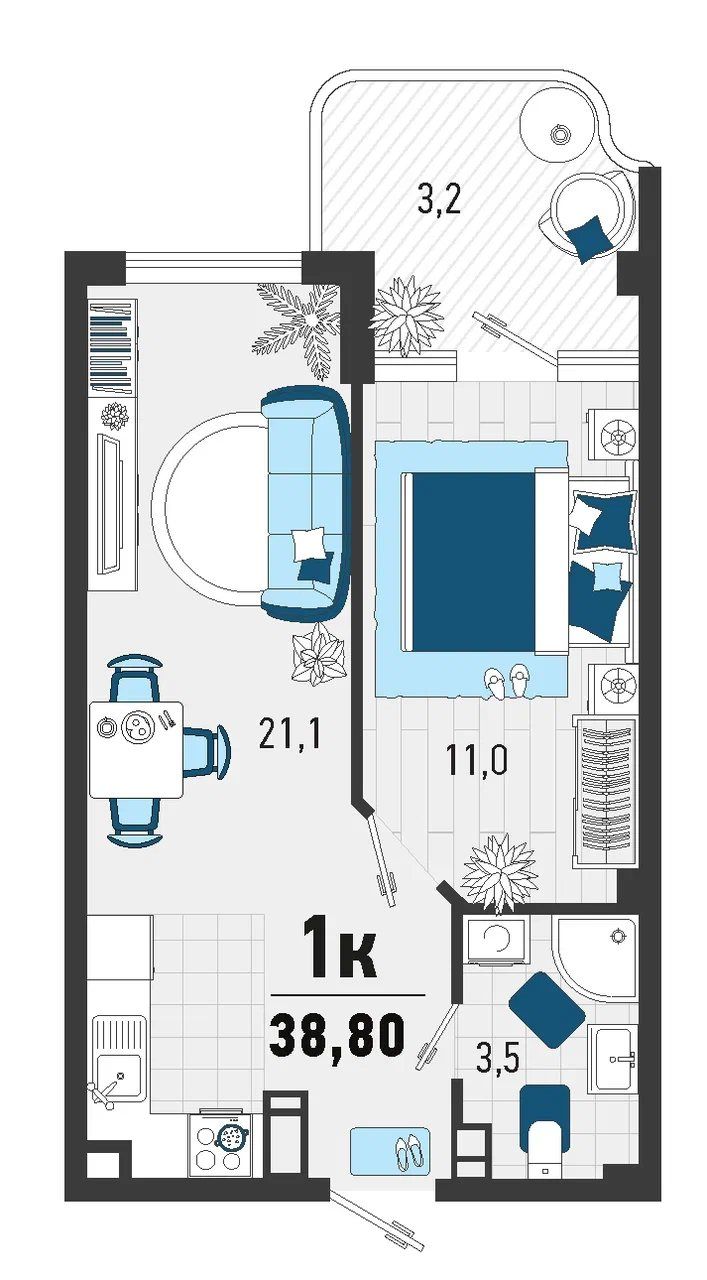 Схема квартиры 38,8 м²: кухня-гостиная 21,1 м², спальня 11 м², санузел 3,5 м² и лоджия 3,2 м²