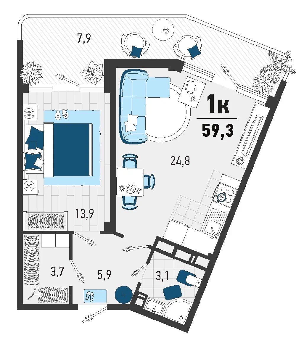 Схема квартиры 59,3 м² со скошенной стеной: кухня-гостиная 24,8 м², спальня 13,9 м², прихожая, гардеробная, санузел и лоджия 7,9 м²