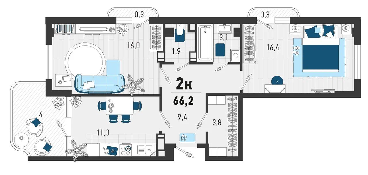 Схема двухкомнатной квартиры 66,2 м²: комнаты 16 и 16,4 м², кухня 11 м², прихожая, гардеробная, ванная, туалет и лоджия