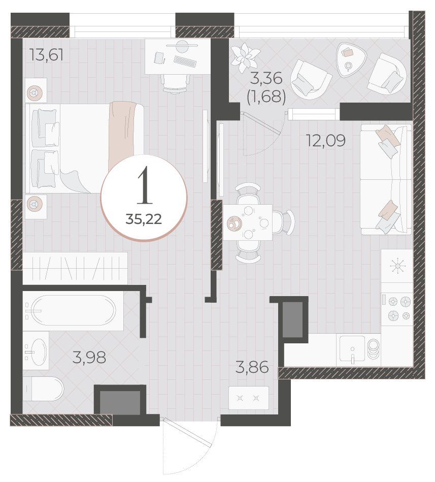 Схема однокомнатной квартиры: спальня 13,61 м², кухня-гостиная 12,09 м², балкон, ванная и прихожая