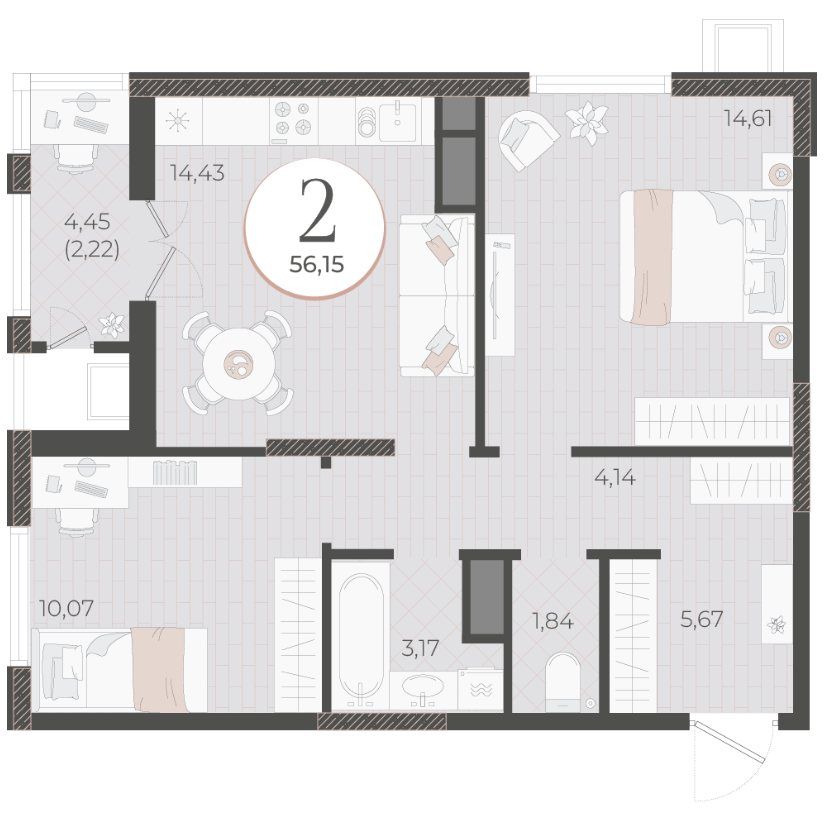 Схема двухкомнатной квартиры: кухня-гостиная 14,43 м², две спальни, балкон, ванная и отдельный туалет