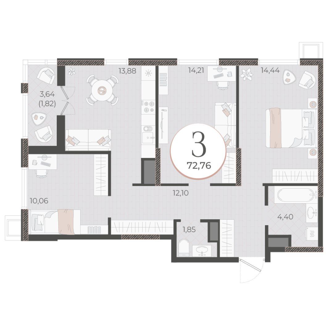 Схема трёхкомнатной квартиры: кухня-гостиная 13,88 м², три комнаты, балкон, ванная и отдельный туалет
