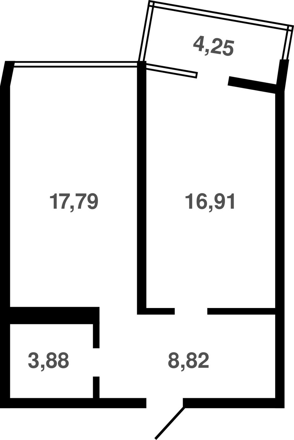 Схема квартиры: комнаты 17,79 и 16,91 м², прихожая 8,82 м², санузел 3,88 м² и балкон 4,25 м²
