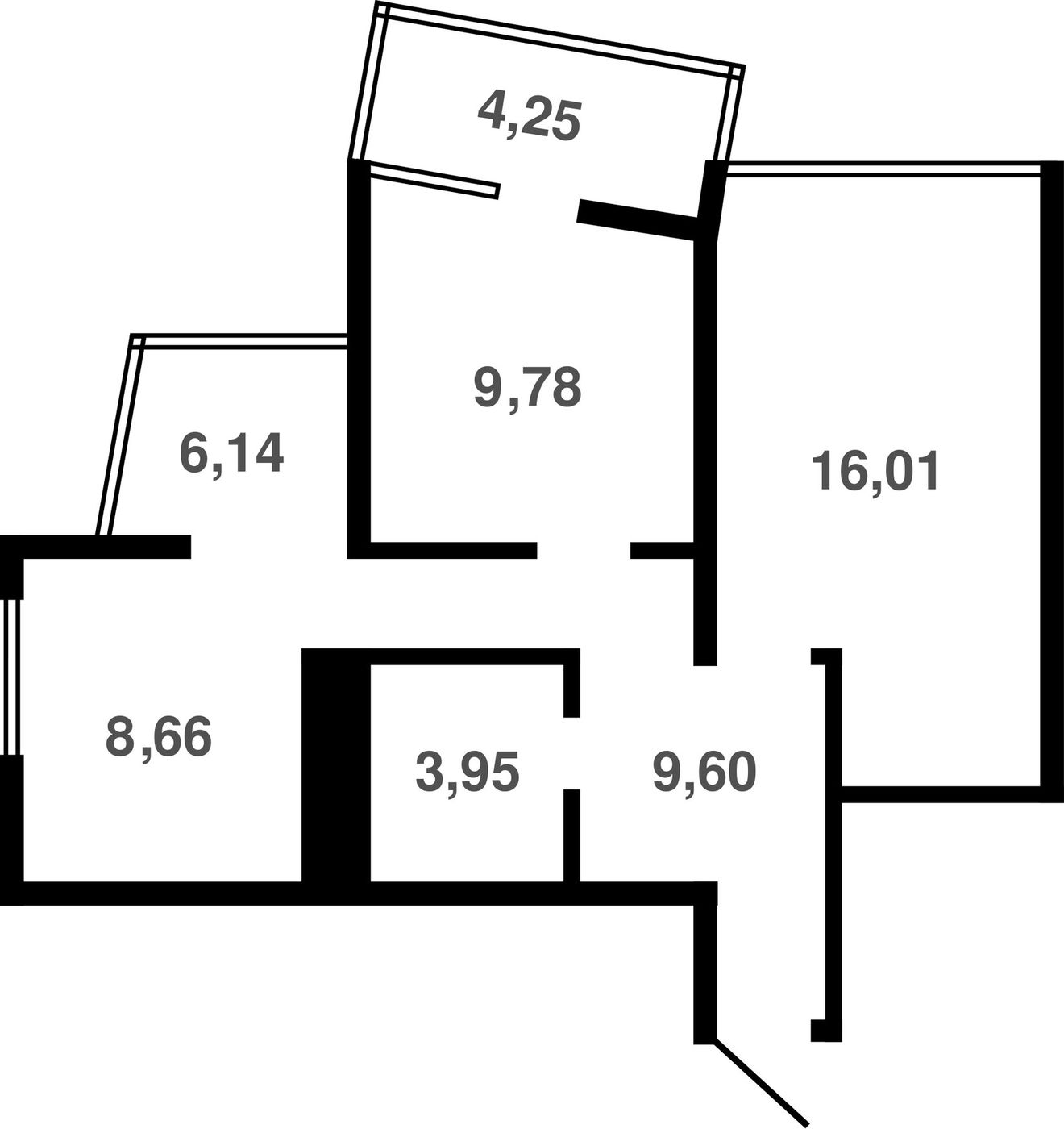 Схема двухкомнатной квартиры: помещения 16,01, 9,78, 9,60 и 8,66 м², санузел 3,95 м² и два балкона