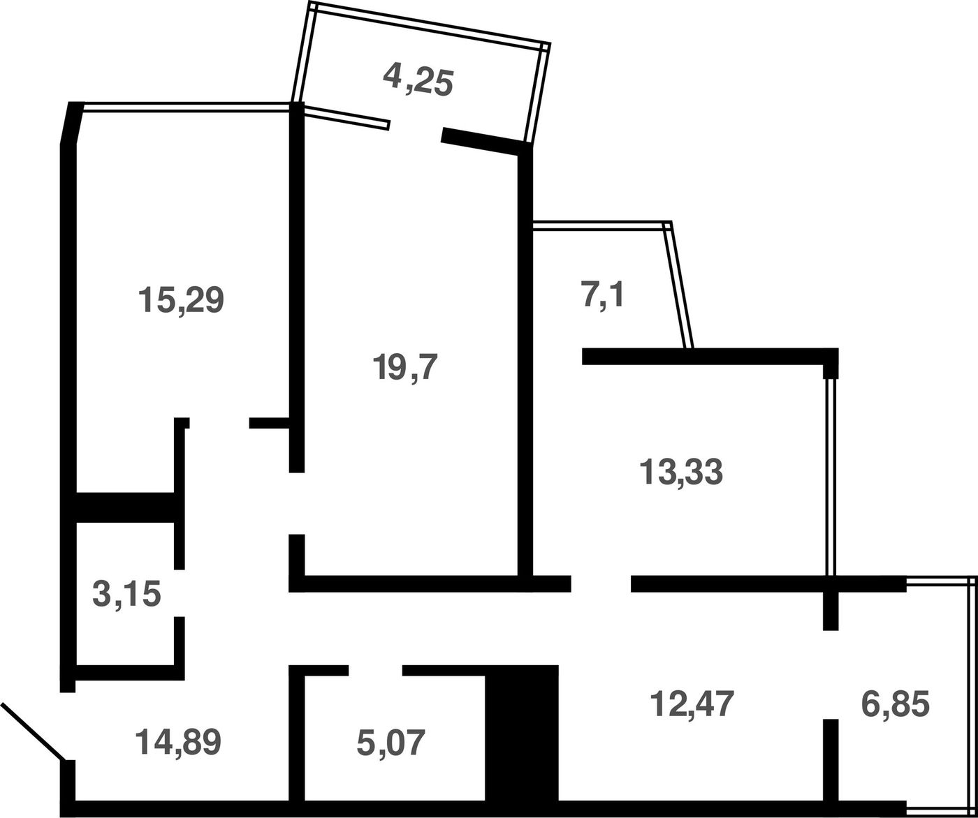 Схема трёхкомнатной квартиры: комнаты от 12,47 до 19,7 м², два санузла, лоджия и балконы