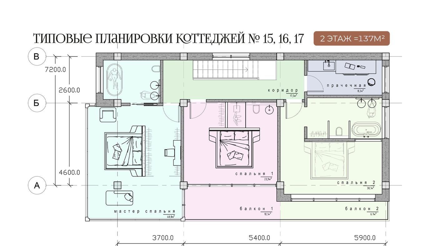 Схема верхнего этажа вилл № 15–17: мастер-спальня 40,8 м², две спальни, прачечная, санузлы и два балкона