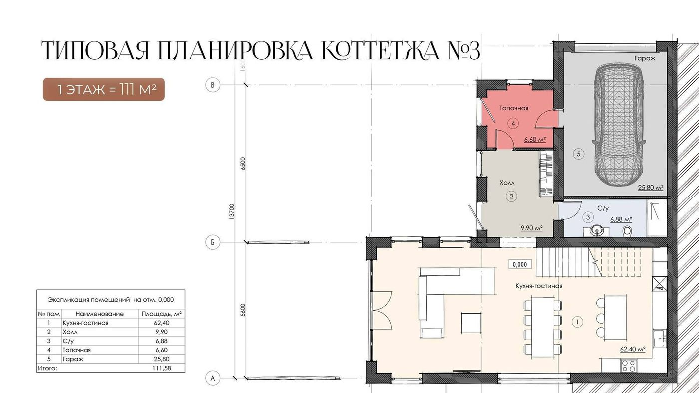 Схема первого этажа виллы № 3: кухня-гостиная 62,4 м², холл, санузел, топочная и гараж 25,8 м²