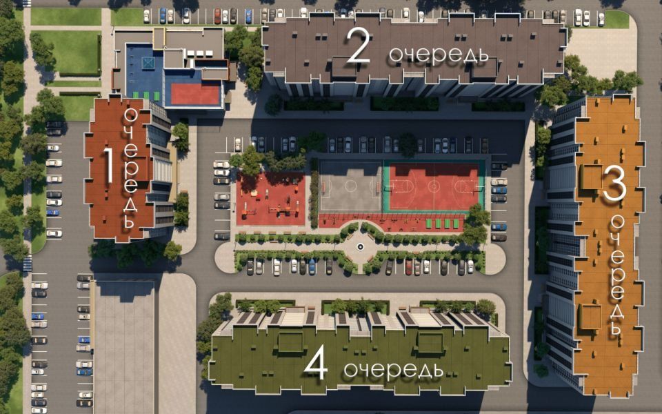 Визуализация: вид сверху на четыре корпуса вокруг двора с площадками, на корпусах подписаны очереди с первой по четвёртую
