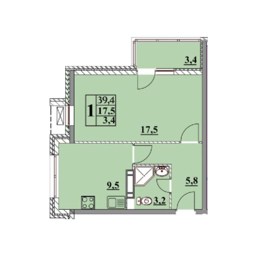 Схема однокомнатной квартиры: комната 17,5 м², кухня 9,5 м², прихожая, санузел и лоджия 3,4 м²