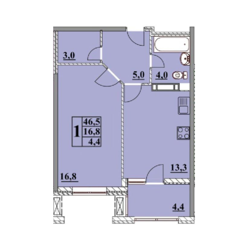 Схема однокомнатной квартиры: комната 16,8 м², кухня 13,3 м², гардероб, санузел и лоджия 4,4 м²