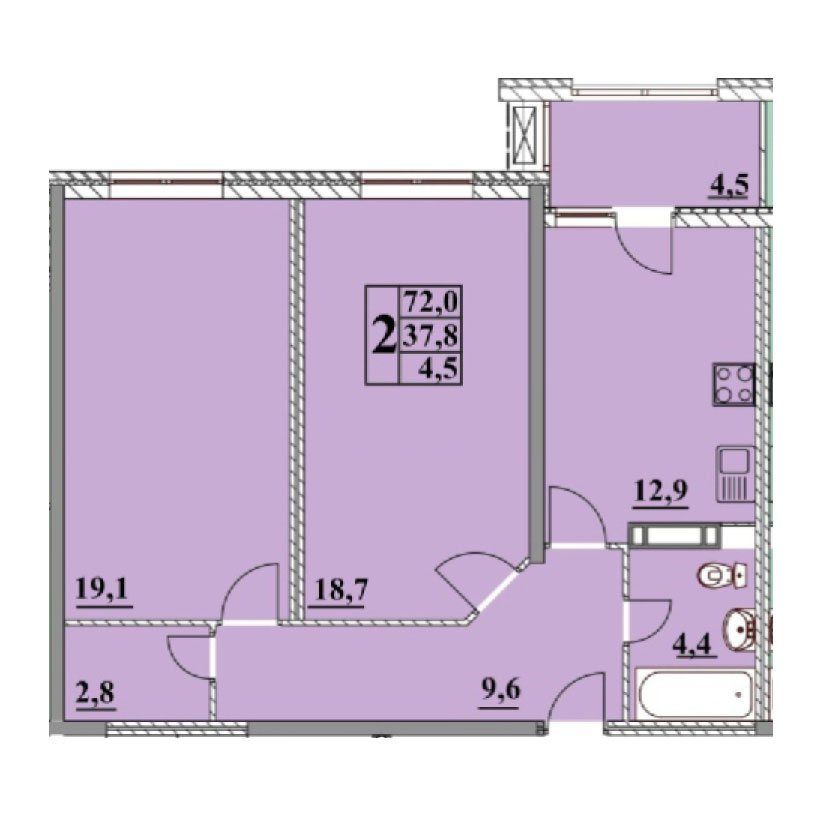 Схема двухкомнатной квартиры: комнаты 19,1 и 18,7 м², кухня 12,9 м², гардероб, санузел и балкон 4,5 м²