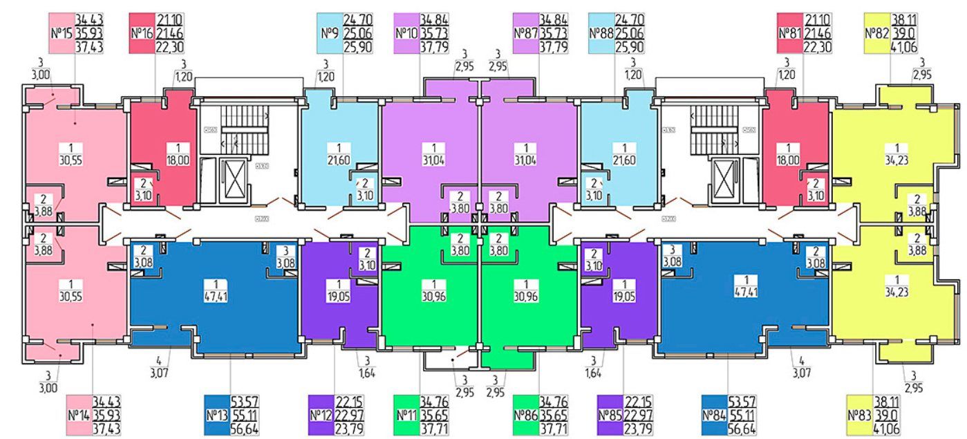 План типового этажа корпусов 2 и 6: однокомнатные квартиры от 21,46 до 55,11 м² вдоль коридора, две лестницы с лифтами