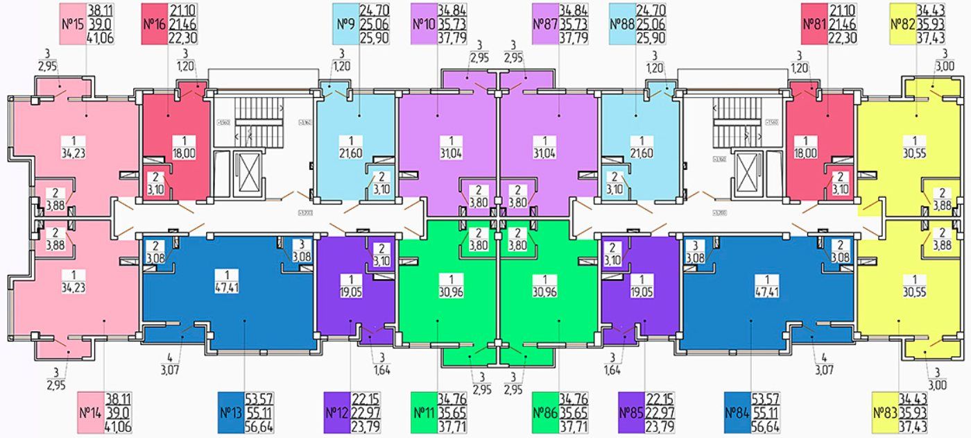 План типового этажа корпусов 5 и 7: однокомнатные квартиры от 21,46 до 55,11 м², на торцах квартиры около 39 м²