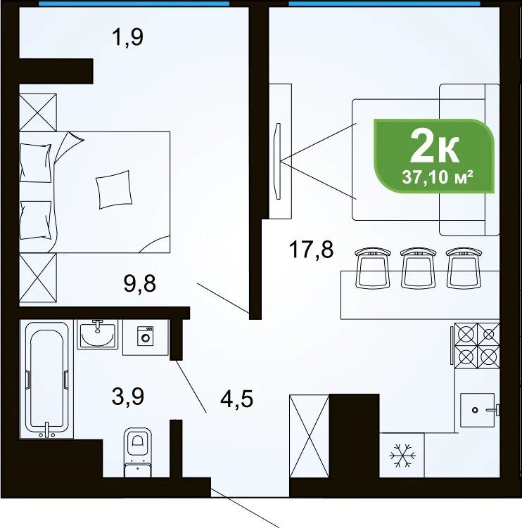 Схема двухкомнатной квартиры 37,1 квадратного метра: кухня-гостиная 17,8, спальня 9,8, ванная 3,9, прихожая 4,5 и балкон 1,9 квадратного метра