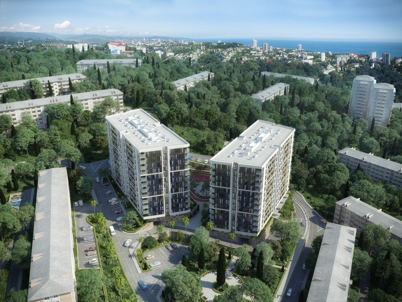 Визуализация: два корпуса среди зелени центра Сочи, вдали море