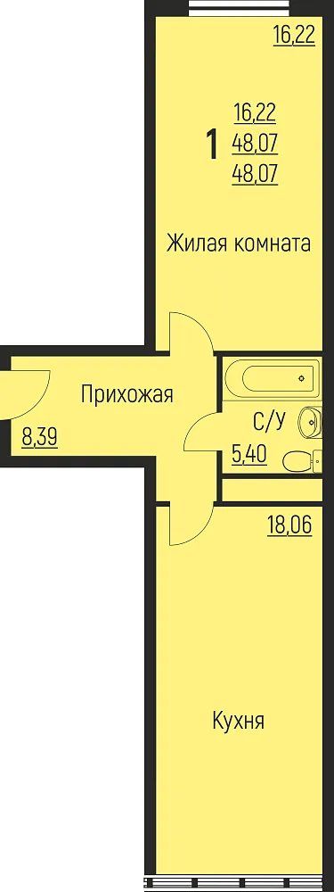 Схема однокомнатной квартиры: жилая комната 16,22 м², кухня 18,06 м², прихожая 8,39 м² и санузел 5,40 м²