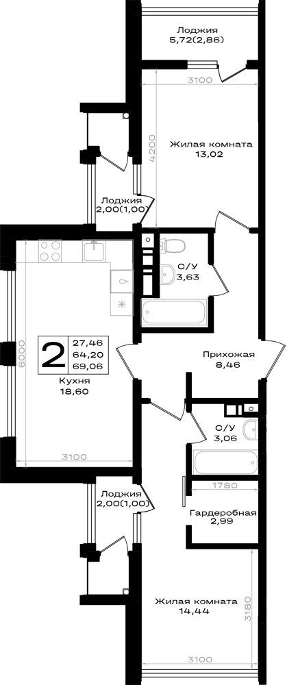 Схема квартиры: кухня 18,6 м², жилые комнаты 13,02 и 14,44 м², гардеробная, два санузла и лоджии