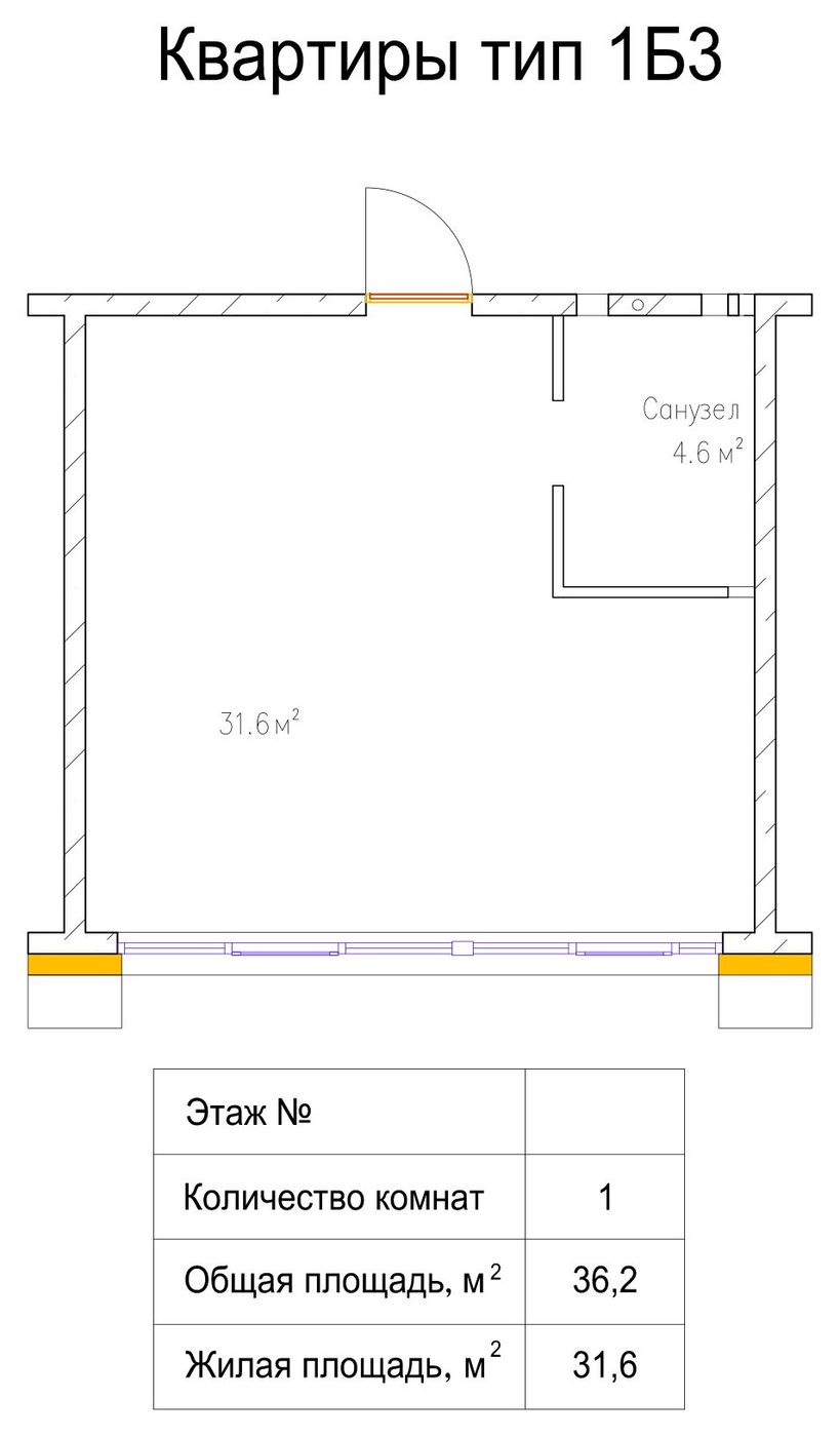 Схема однокомнатной квартиры: общее помещение 31,6 м², санузел 4,6 м² и остекление во всю стену