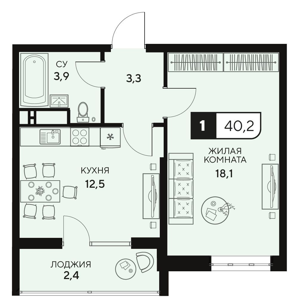 Схема однокомнатной квартиры: комната 18,1 м², кухня 12,5 м², прихожая, санузел и лоджия
