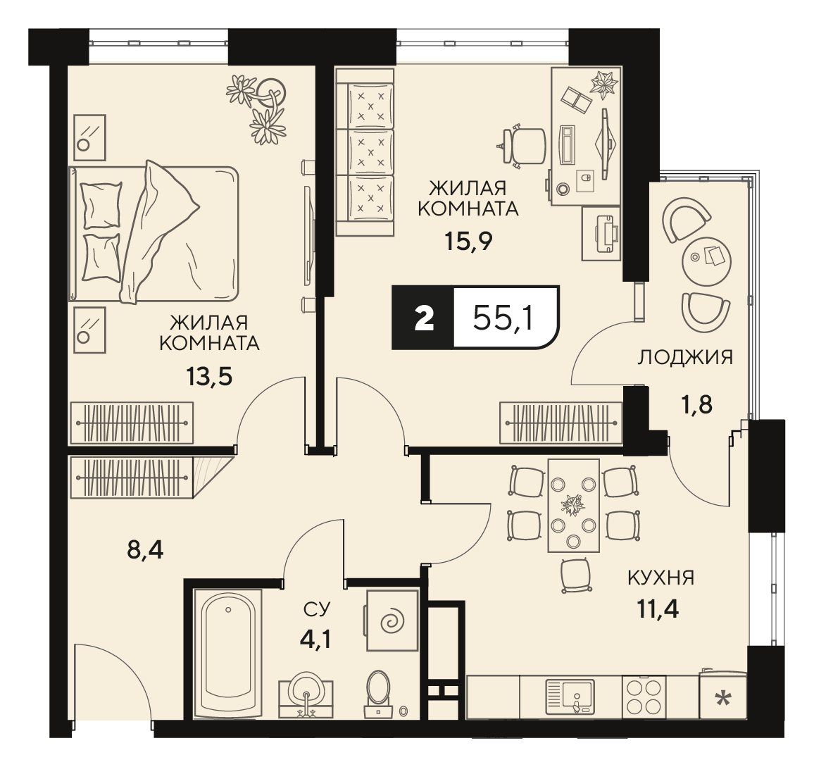 Схема двухкомнатной квартиры: комнаты 13,5 и 15,9 м², кухня 11,4 м², прихожая 8,4 м², санузел и лоджия