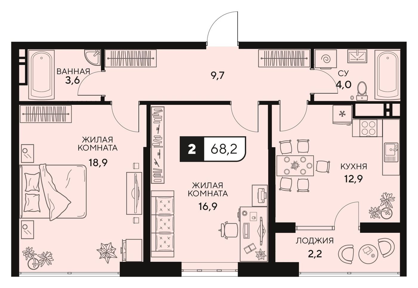 Схема двухкомнатной квартиры: комнаты 18,9 и 16,9 м², кухня 12,9 м², ванная, отдельный санузел, коридор и лоджия