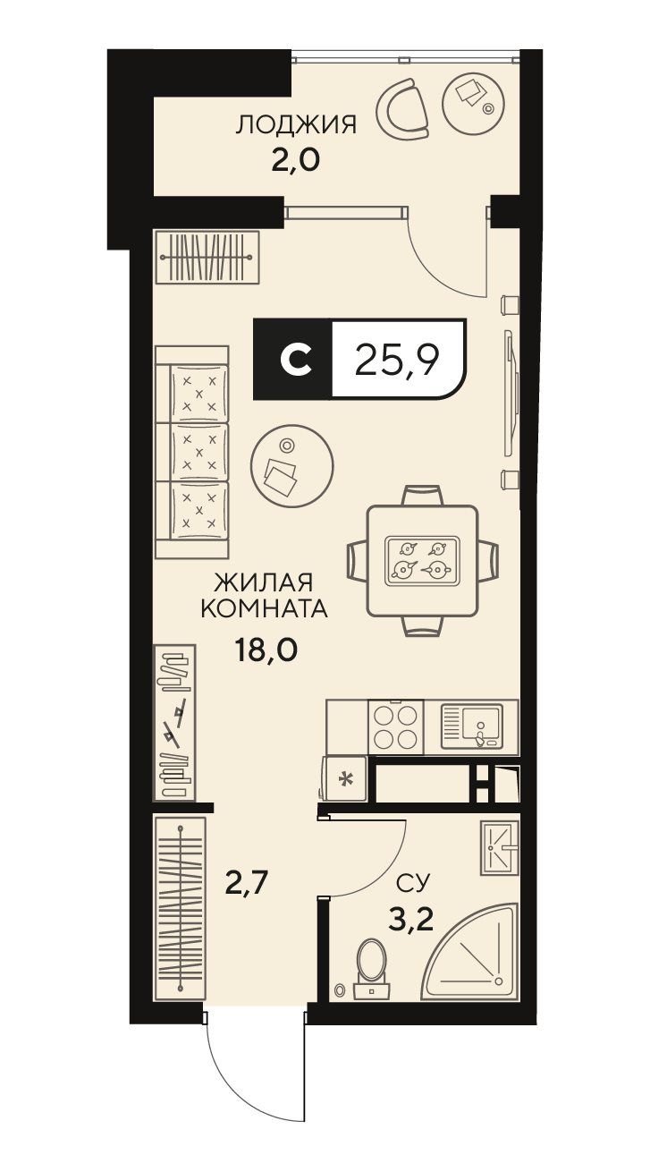 Схема студии: жилая комната 18 м² с кухонной зоной, прихожая, санузел и лоджия